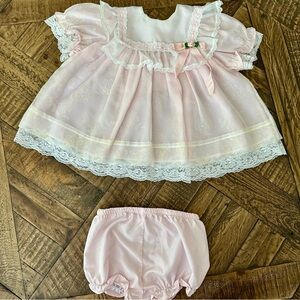 VINTAGE Pink Lace Trim Baby Dress Set with Bloomers